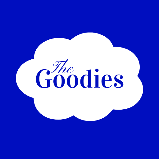 Logo of 'The Goodies' with a white cloud shape on a blue background